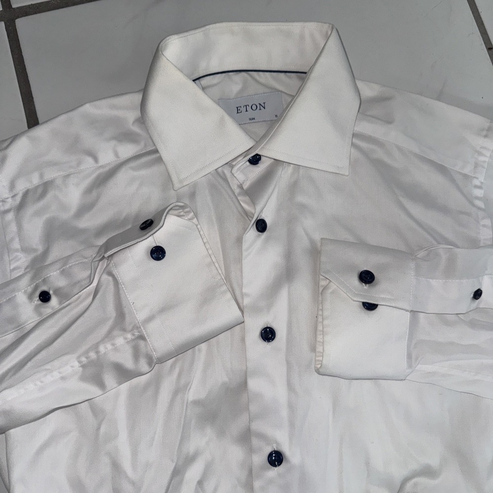 Eton Dress Shirt Mens 15 38 White Slim Fit Long Sleeve Spread Collar Button